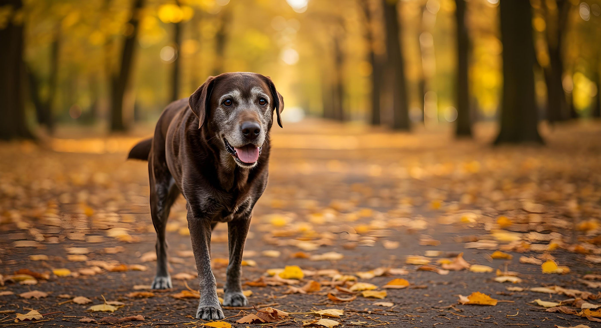 Älterer Labrador läuft langsam durch den Park.