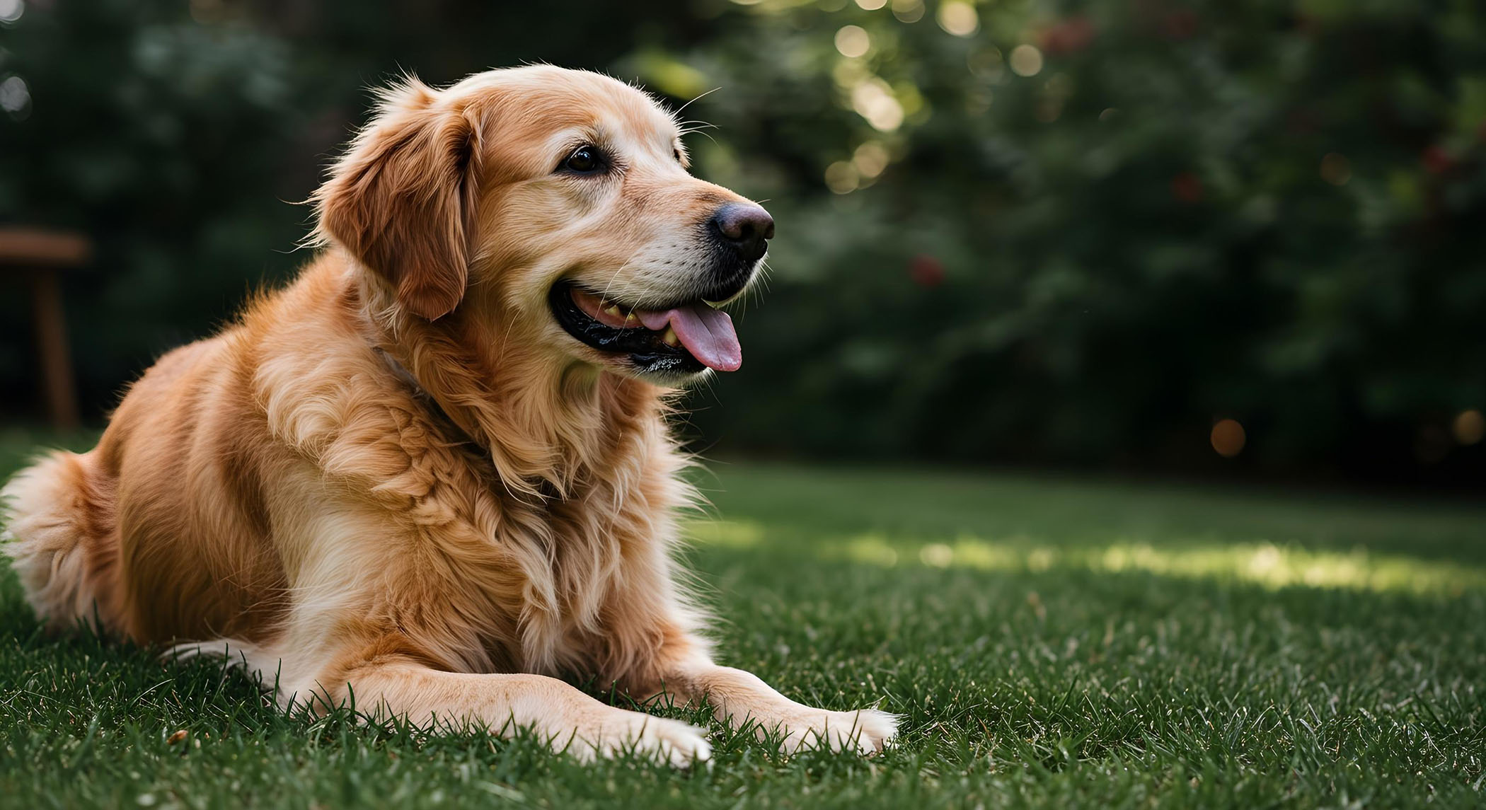 Golden Retriever mit stumpfem Fell liegt im Garten.