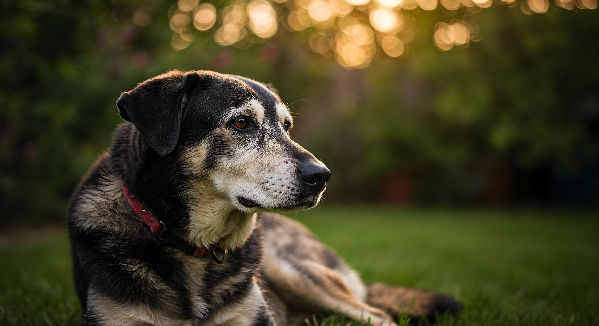Älterer Hund mit Herzinsuffizienz liegt entspannt im Garten, schaut seine Halterin an.
